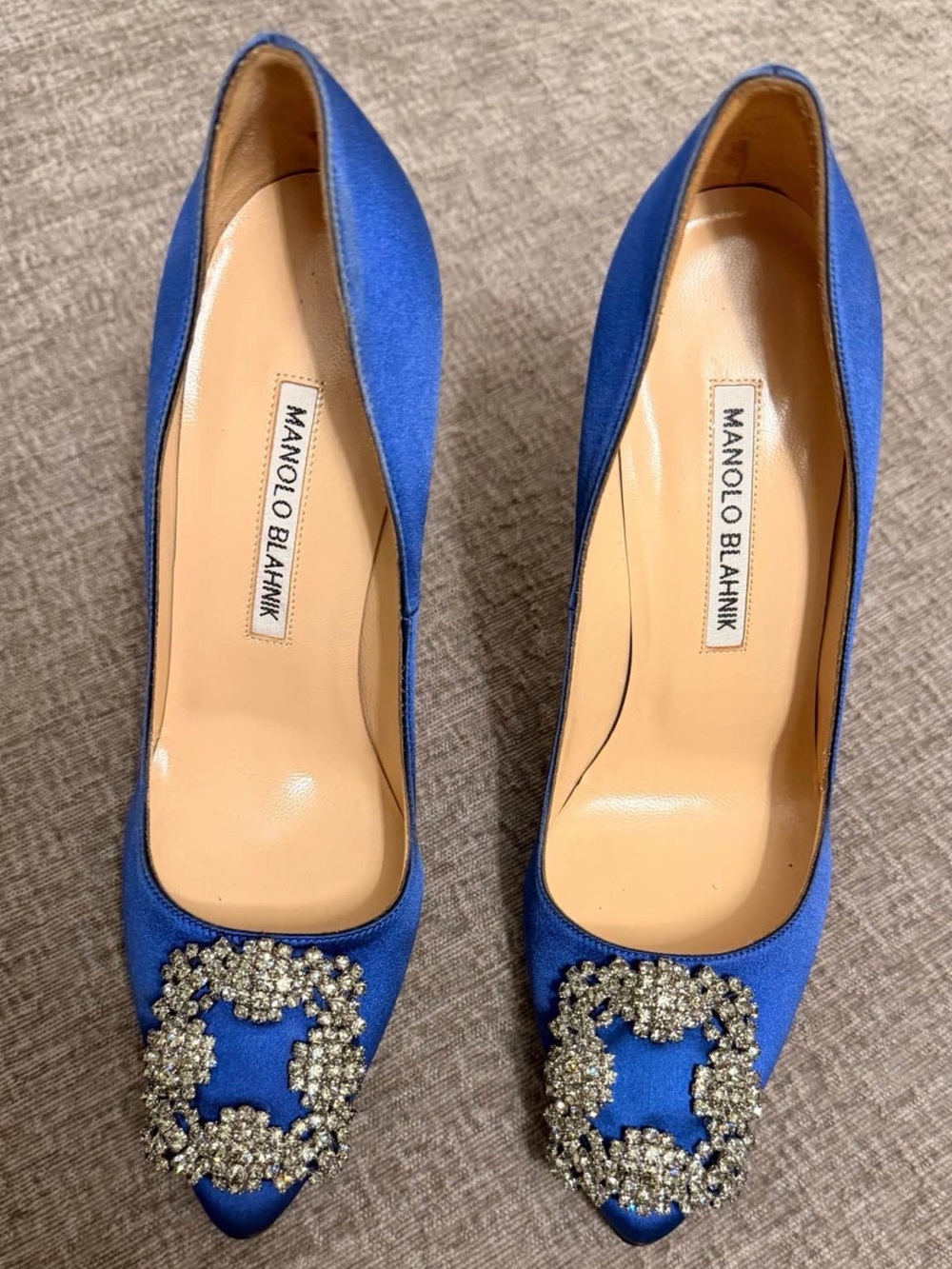 Manolo Blahnik Cobalt Blue Satin Pointed Toe Pumps with Crystal Embellishment